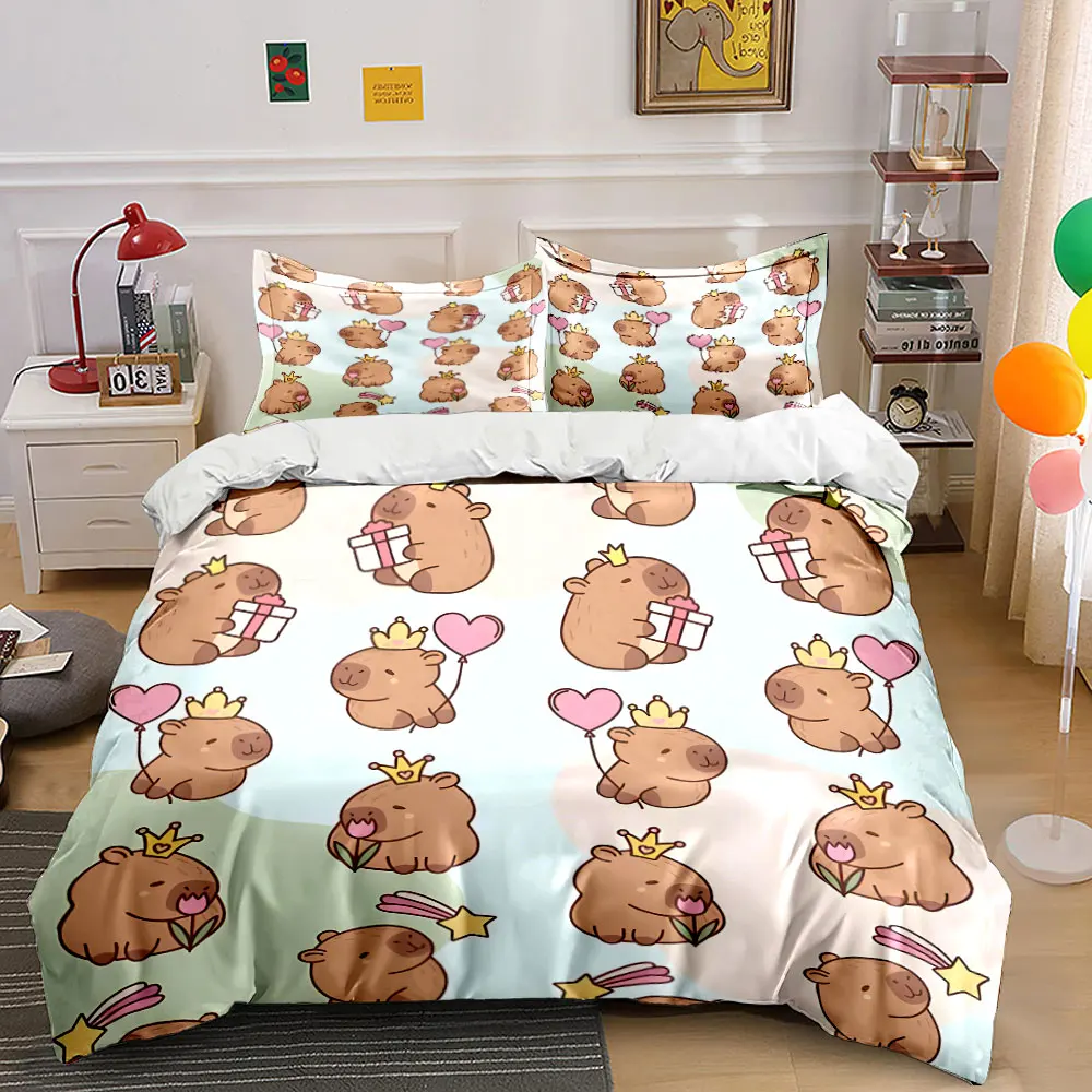 Cartoon animals with gifts and flowers Pattern Duvet Cover Set Digital Print Colorful Polyester Bedding with Zipper Closur