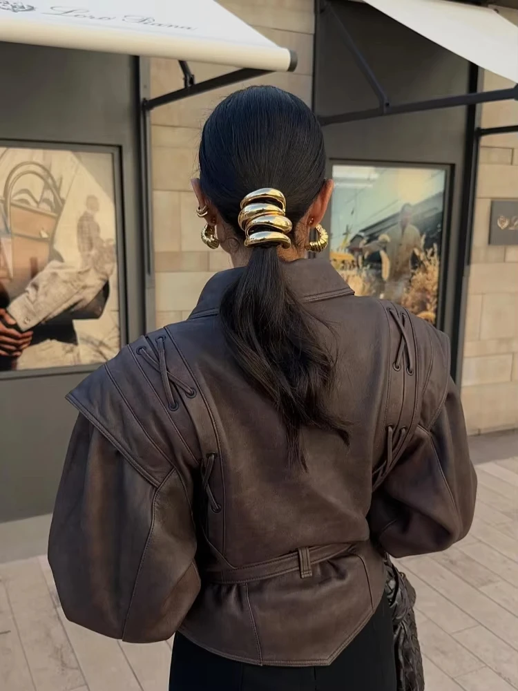 Mulheres jaquetas bomber de couro casacos com cinto entalhado almofadas de ombro motocicleta rua chique curto outwear moda sólida rendas até