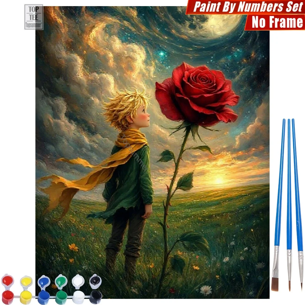 

Набор цифровых масляных красок «Маленький принц и роза» — Цветочное поле, звездное небо. Семейные занятия. Подарок на День благодарения для жены.