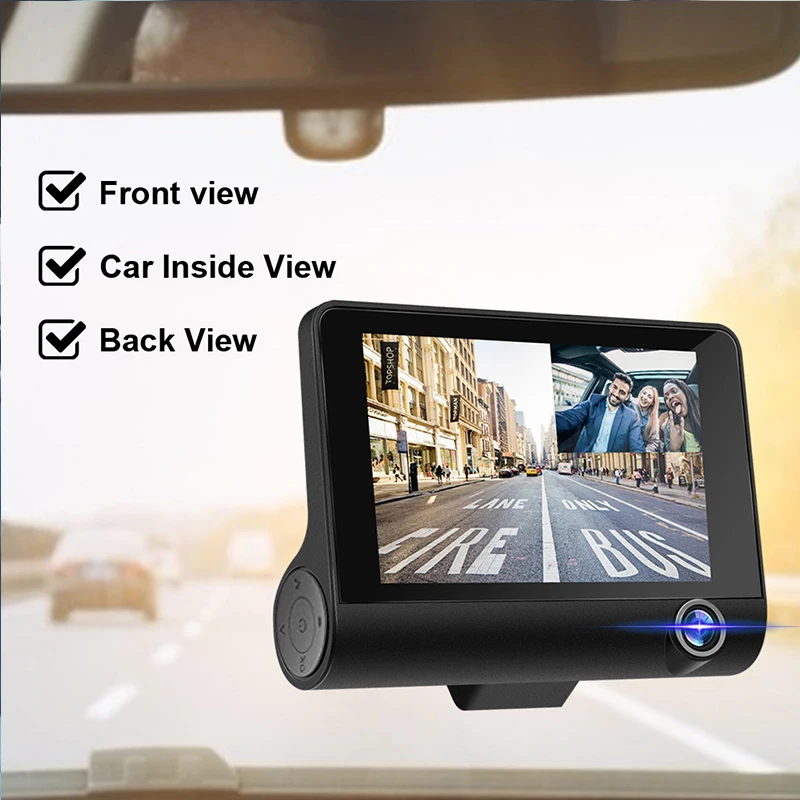 Hd 1080P night vision three lens dashcam suction cup car front, inside and rear synchronous cycle recording video