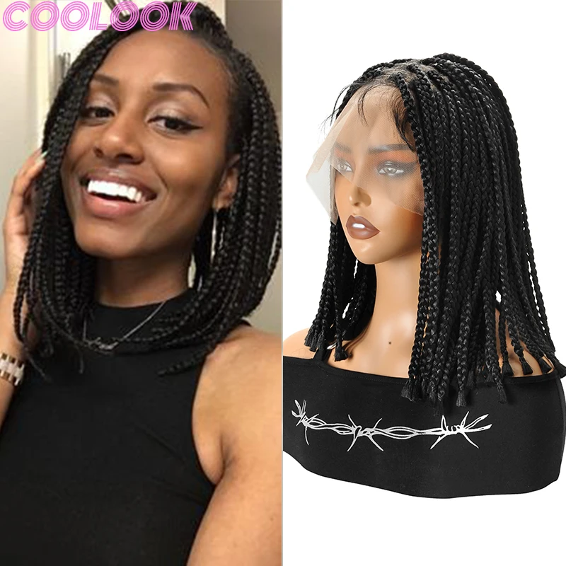 10'' Box Braided Synthetic Full Lace Wig for African Women Silky Durable Lace Frontal Braid Wig Short Bob Square Part Braids Wig