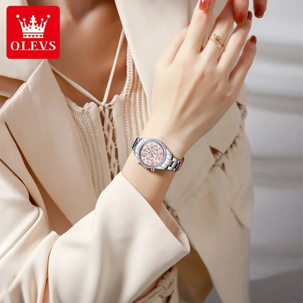 OLEVS 9909 Quartz Watch for Women Luxury Elegant Multifunctional  Wristwatch Chronograph Waterproof High Quality Lady Watch Gift