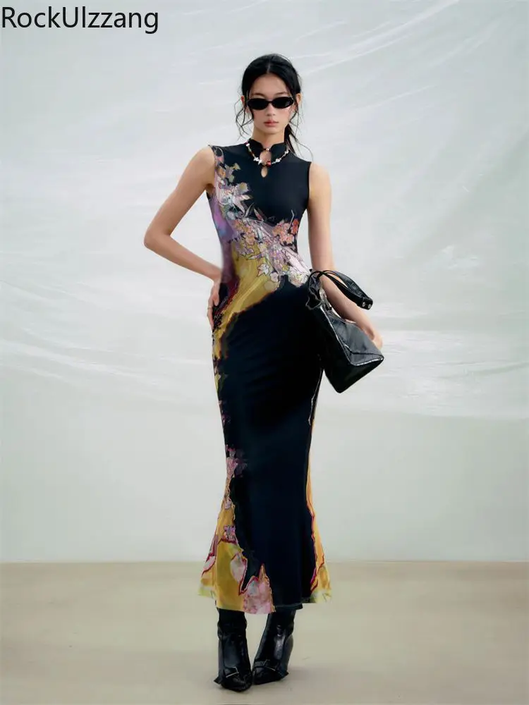 Chinese Ink Oil Painting Design Vintage Print Long Dress Women Summer Maxi Dresses sleeveless elegant y2k bodycon streetwear NEW