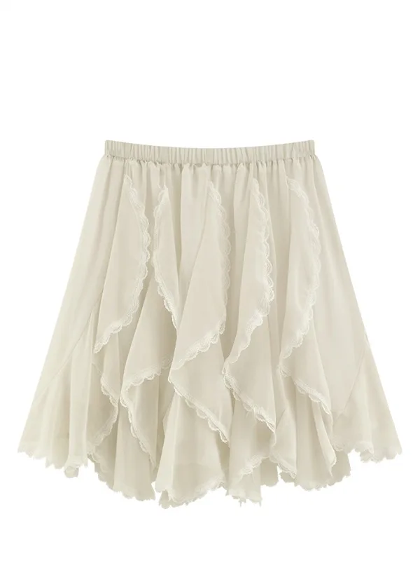 

Summer Lace Trim Chiffon A-Line Skirt Women's Fairylike Fluffy ort Skirt Asymmetrical Design Heavy Embelliment