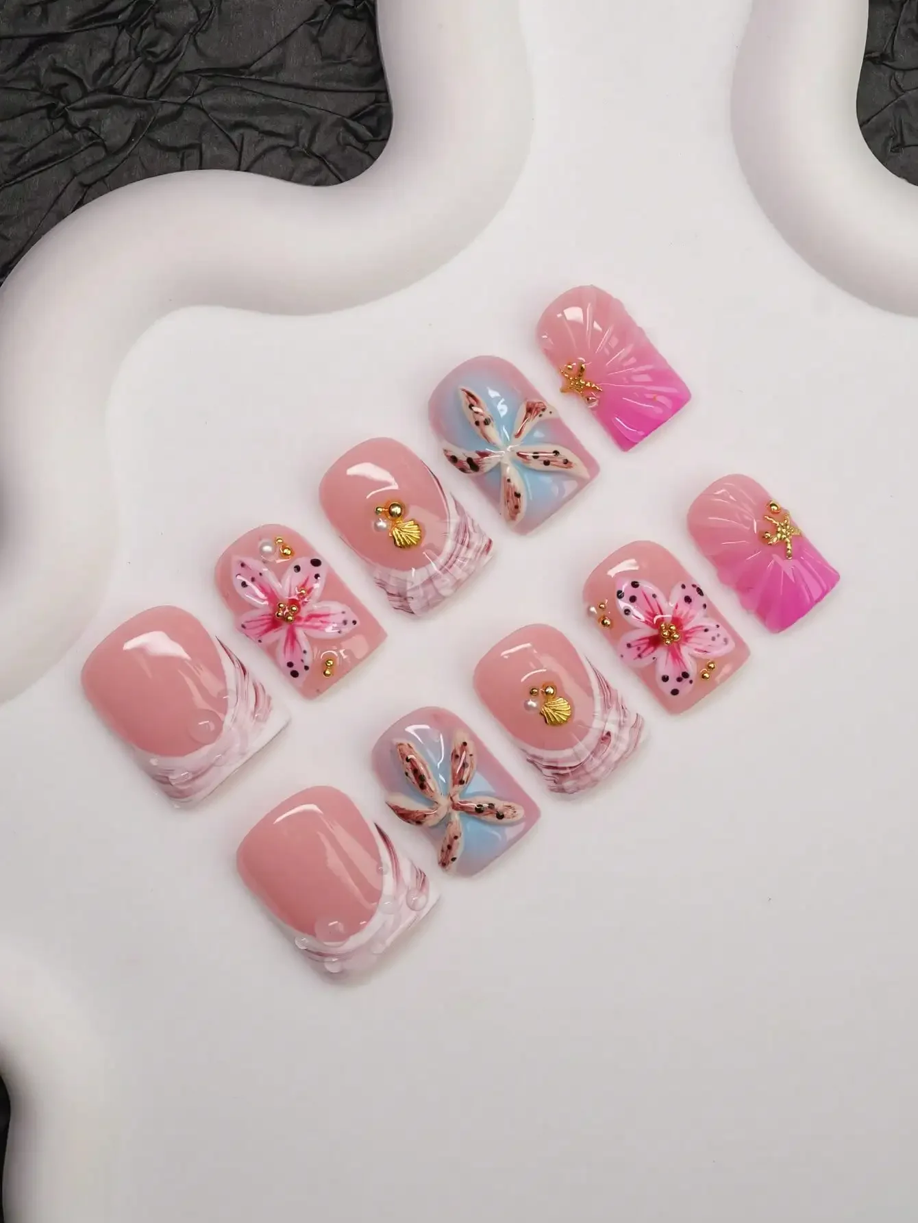 

10pcs Square Shaped Handmade Nail Tips, Y2K Baddie Style, Nude, Pink, Blue Colors With French Edge, Water Drop, Carved Patterns