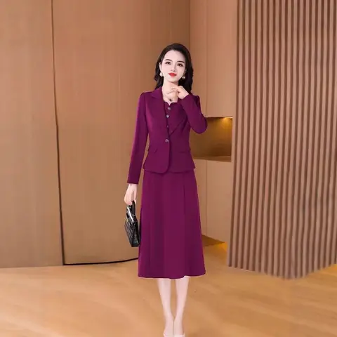 Fashionable Red Two-Piece Set Korean Japanese Style Women's Dress Suit Autumn Spring Lightweight Polyester Commute Style