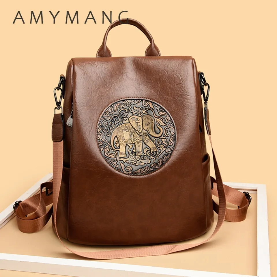 

Vintage Elephant Motif Soft Leather Women Travel Backpack Large Capacity Dual-Use Shoulder Bag Anti-Theft Rucksack for Girls