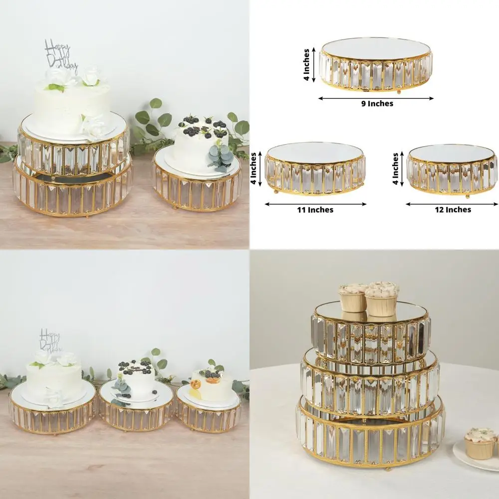

Set of 3 Stackable Crystal Gold Metal Cake Stands with Round Mirror Top - Sizes 9, 11, 12 Inches