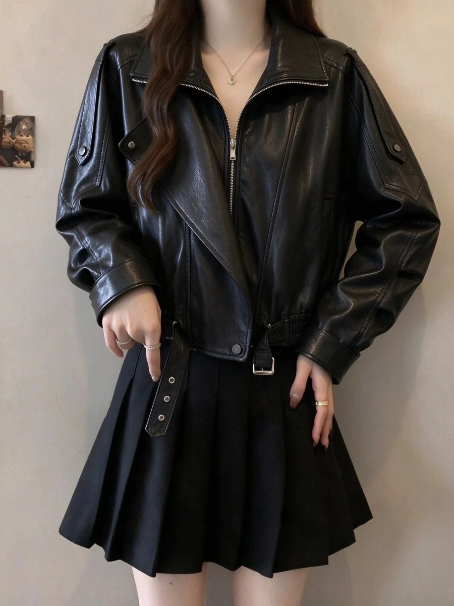 Cool Short PU Leather Jacket Women's Zipper Biker Style Street Fashion Warmth Straight Cut Shoulder Zipper Decorated Casual