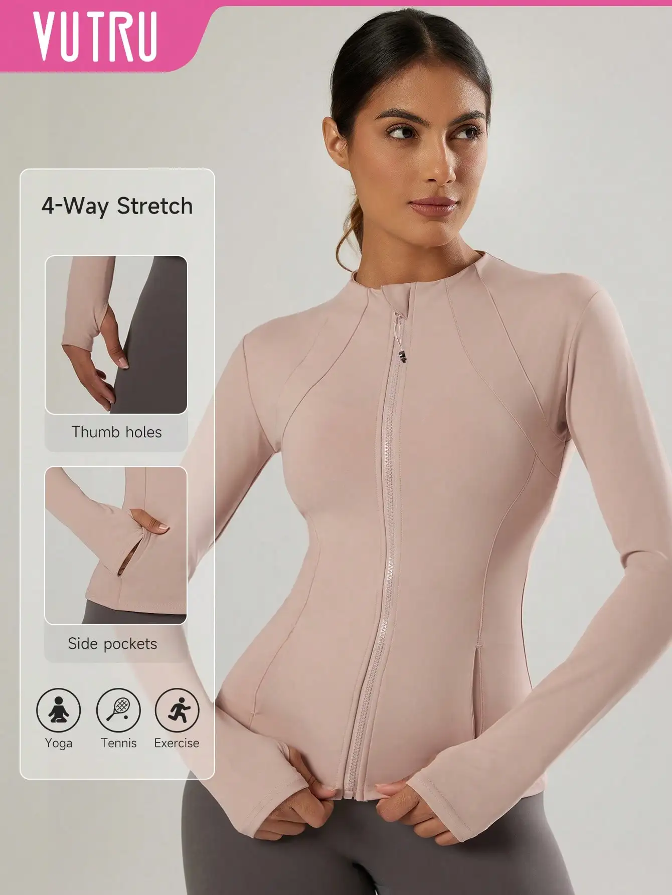 

VUTRU Women's 4-Way Stretch Long Sleeve Zip-Up Jacket with Thumb Holes & Side Pockets for Yoga, Tennis, Workout