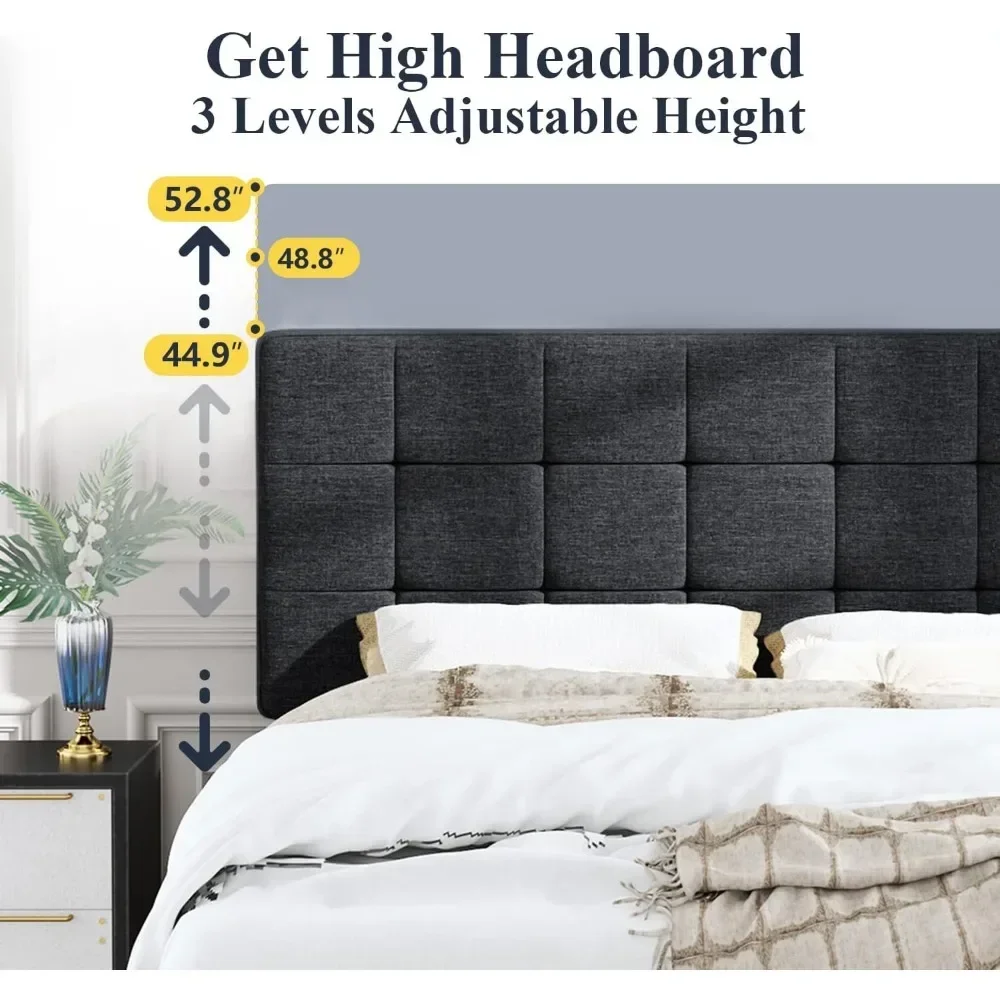 Queen Size Panel Bed Frame with Adjustable Headboard for High Profile/Fabric Upholstered/Square Stitched Padded Headboar