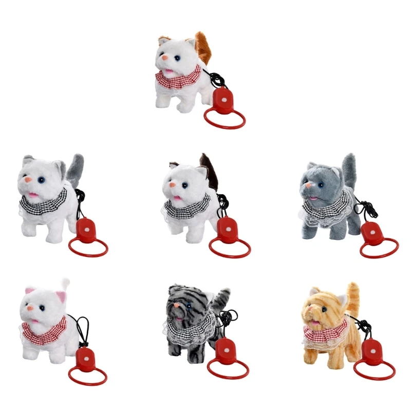 97BC Realistic Walking Cats Plush Toy with Sound Activation Leash for Kids RolePlay