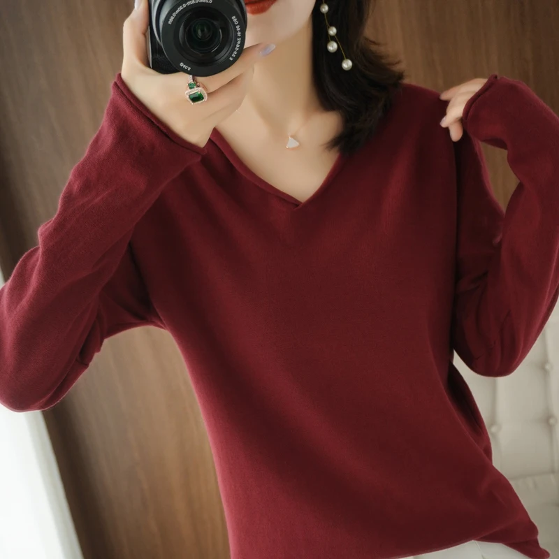 Women Curled V-Neck Pullover With Hat 100% Cotton Sweater Autumn Winter Knit Clothing Soft Bottoming Long Sleeve Solid Tops