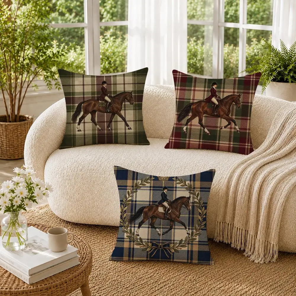 Olive Green Tartan Equestrian Horse Rider Cushion Cover Soft Pillow Cases Hidden Zipper Cutecore Sofa Bedroom Home Decor Gift