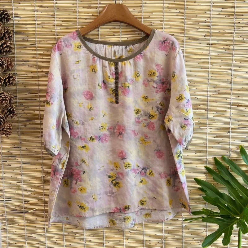 

Новая летняя женская облегающая футболка с цветочным принтом, дышащая легкая удобная футболка ort Sve для мам, смесь хлопка irt