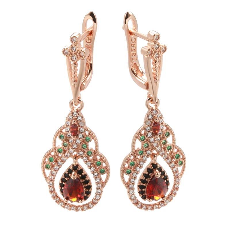 Kinel 2022 New 585 Rose Gold Color Drop Earrings for Women Crystal Flower Red Natural Zircon Earrings for Women Vintage Jewelry