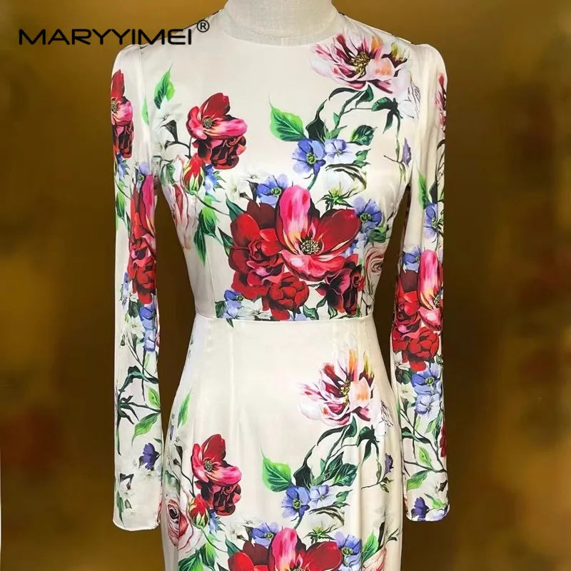 MARYYIMEI New style Women's Dress Long-Sleeved Elegant Print Pretty Slim-Fit Hip Wrap High waist Straight Silk Dresses