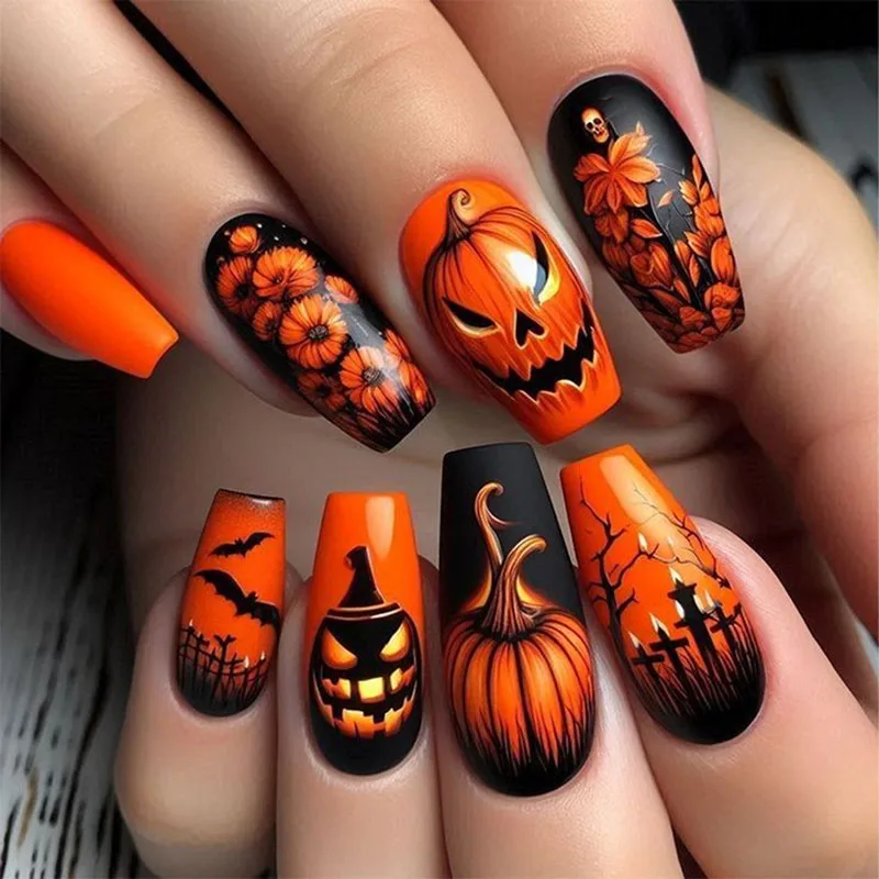 

24Pcs Long Square Press on Nails - Halloween Design with Yellow Pumpkin, Black Bats, Yellow Flowers, Tombstone and Branches