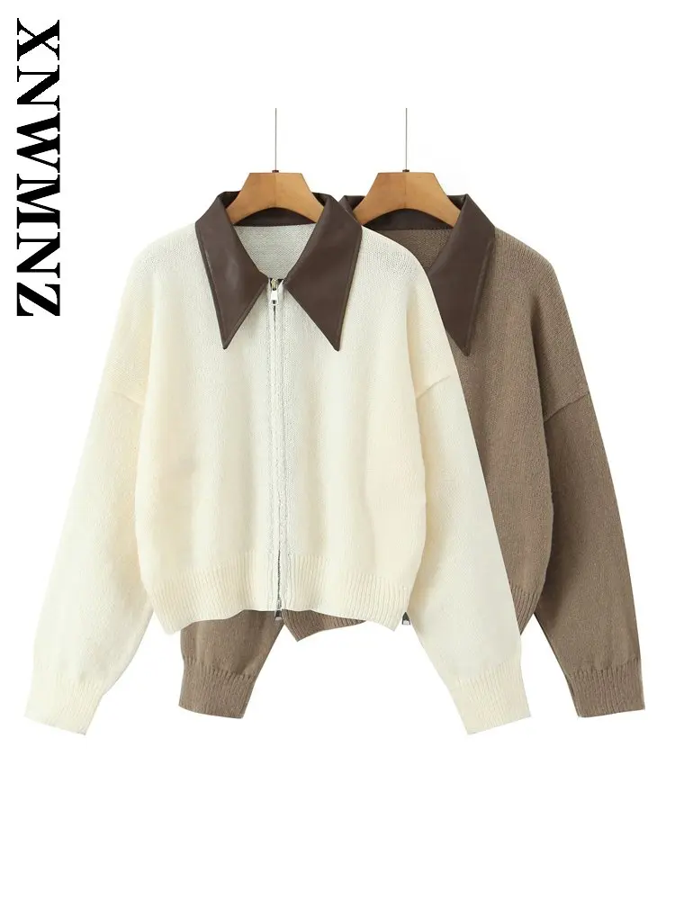 

XNWMNZ 2025 осенний женский универсальный вязаный свитер с длинными рукавами и отложным воротником, винтажный простой женский повседневный кардиган