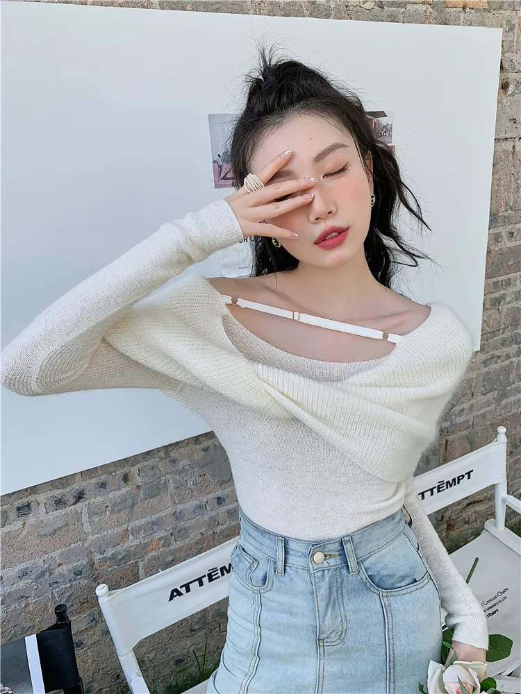 CHEERART Mohair White Off The Shoulder Knit Top 2022 Fashion Korean Fashion Ladies Knot Pullovers Knitted Designer Sweater