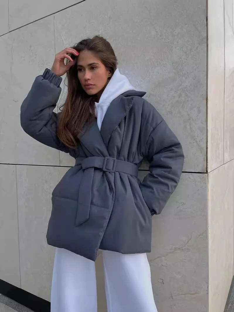 

Зимняя хлопковая куртка-пуховик, женская модная свободная куртка с отложным воротником и завязкой на талии, однотонная куртка-пуховик, базовые толстые теплые офисные женские пальто