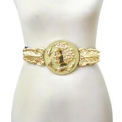 Faux Leather Metal Wide Waistband Practical Buckle Alloy Ladies Elastic Belt Golden Lion Waist Cover