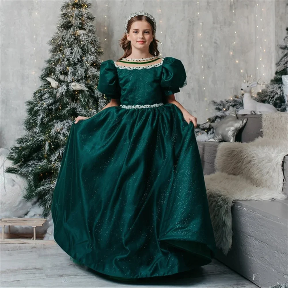 تخصيص الديكور س الرقبة قصيرة نفخة الأكمام ألف خط الأميرة زهرة فتاة فستان الطابق طول أنيق فستان التواصل الأول جديد