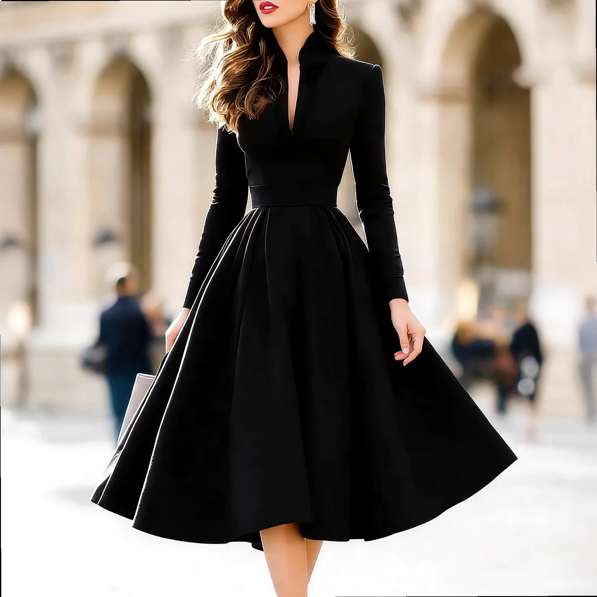 Women Satin V Neck Dress Spring Summer Elegant Tie Waist Dresses