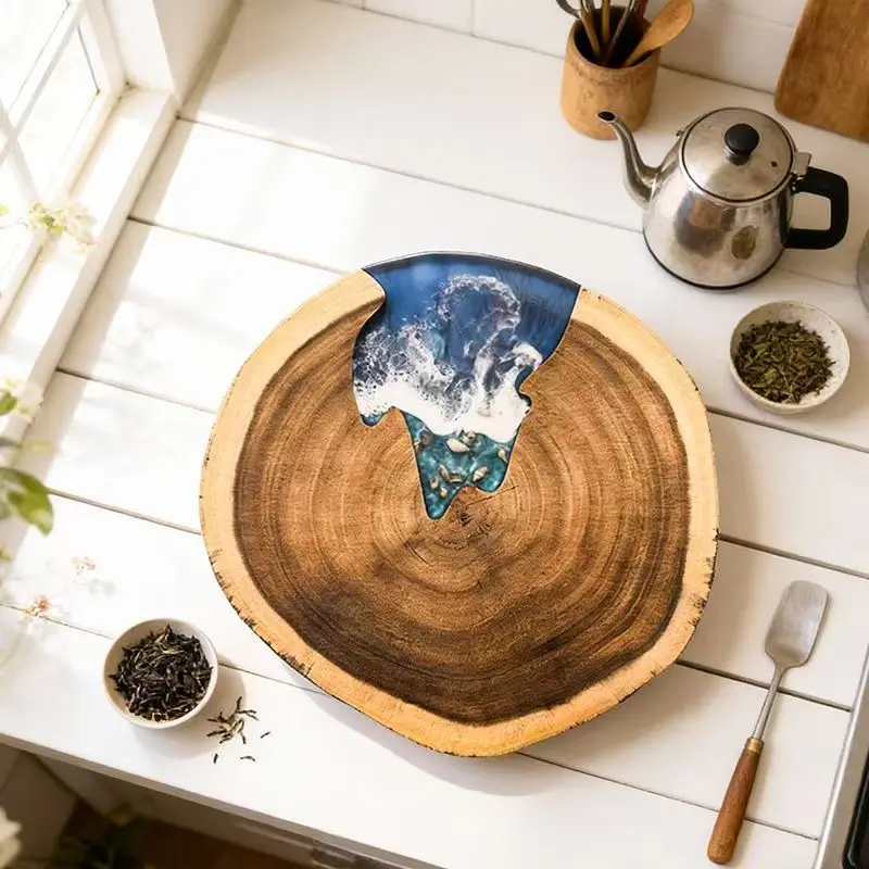 Wood Cutting Board with Ocean Resin Art Natural Non-Splicing Acacia Wood Cheese Board Reversible Charcuterie Board Kitchen Decor