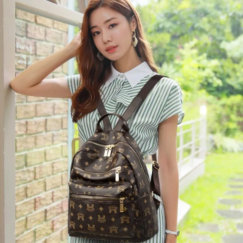 Versatile Women\'s Backpack Fashionable Pebbled Old Flower Schoolbag Vintage Print Women\'s Shoulder Bag Monogram Decoration PU Ma