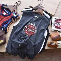 2022 Summer New American Retro Sleeveless O-neck Printed T-shirt Men's Fashion 100% Cotton Washed Old Casual Sports Vest Tops