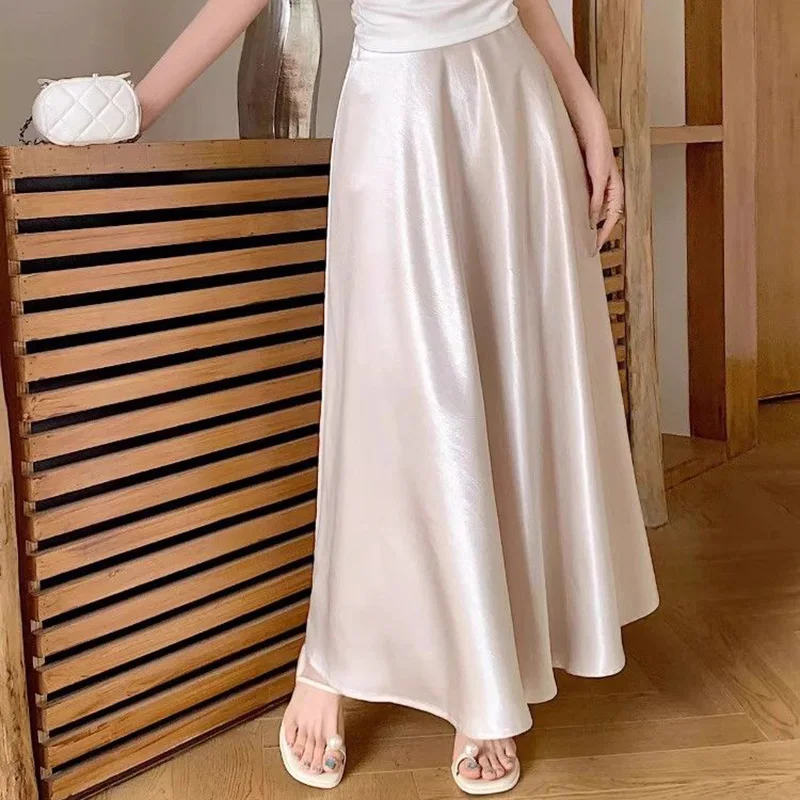 Bestseller Sommer Damen Acetat-Satin Stoffröcke Weibliche Hochtaillierte Einfarbige Midi-Röcke Mädchen Koreanische Mode Dünnes Kurzes Kleid