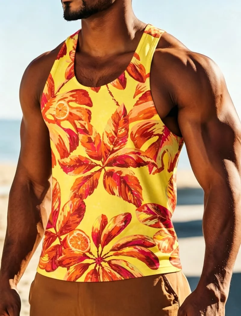 Men's Tropical Palm Leaf Print Sleeveless Tank Top,  for Summer Fitness, Beach Trips, Daily Outings & Casual Wear