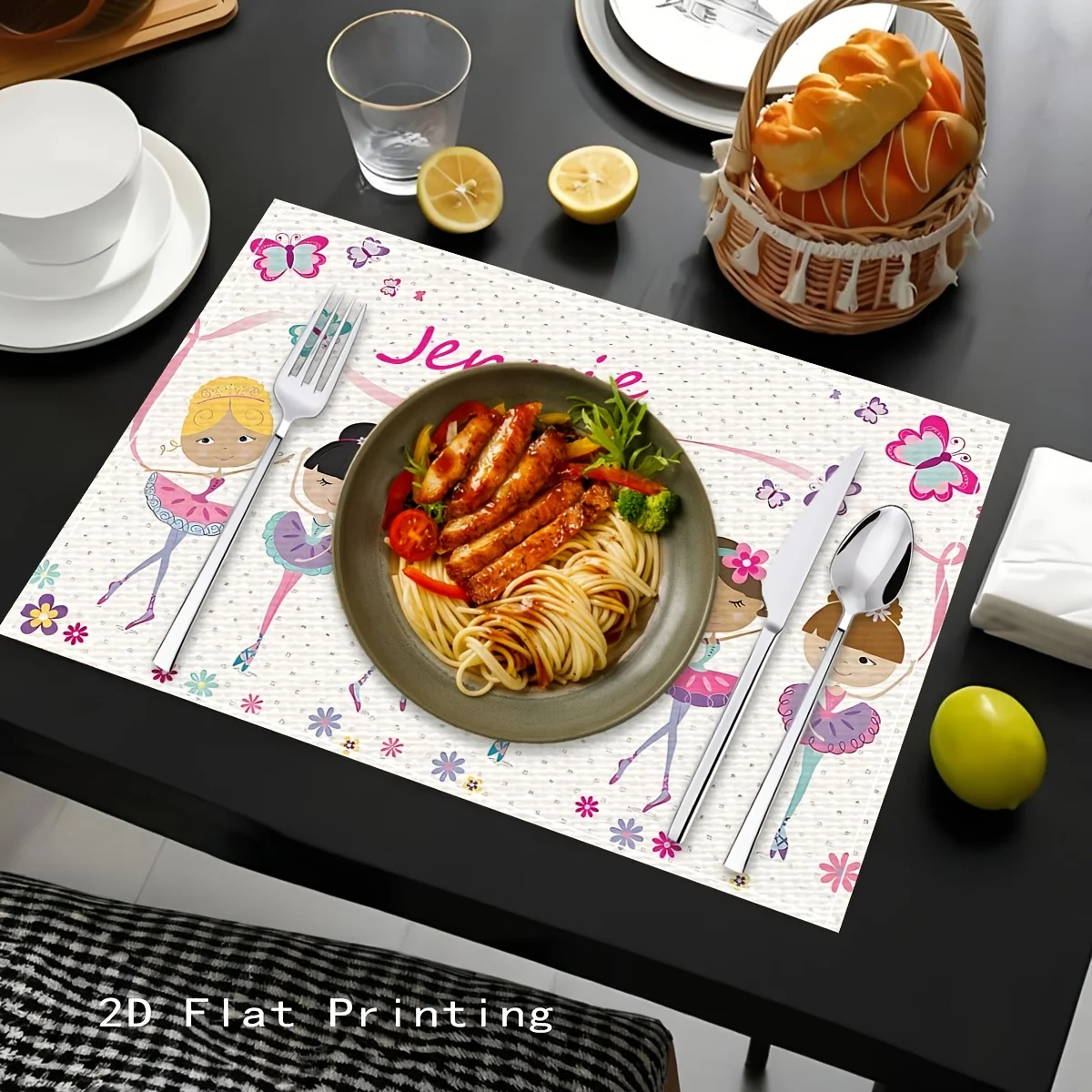 1 Fashionable Pink Girl Ballet Personalized Name Custom Placemats, Linen Material Suitable for Restaurant Living Room