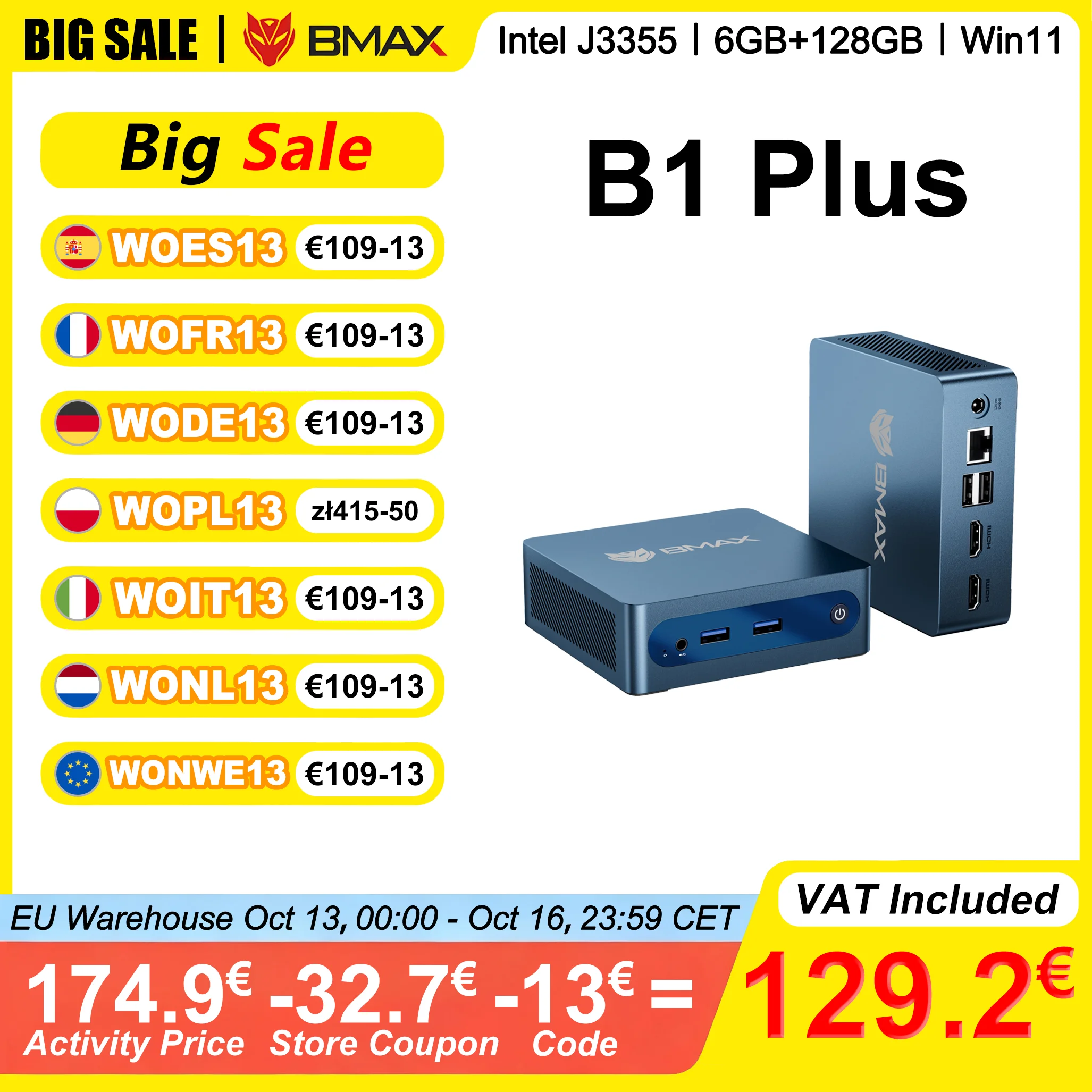 BMAX B1 Plus Mini-PC 6GB RAM 128GB ROM Intel J3355 Unterstützt 4K@60Hz Intel HD Graphics 500 Dual-Band WLAN Bluetooth 5.0 HDMI USB