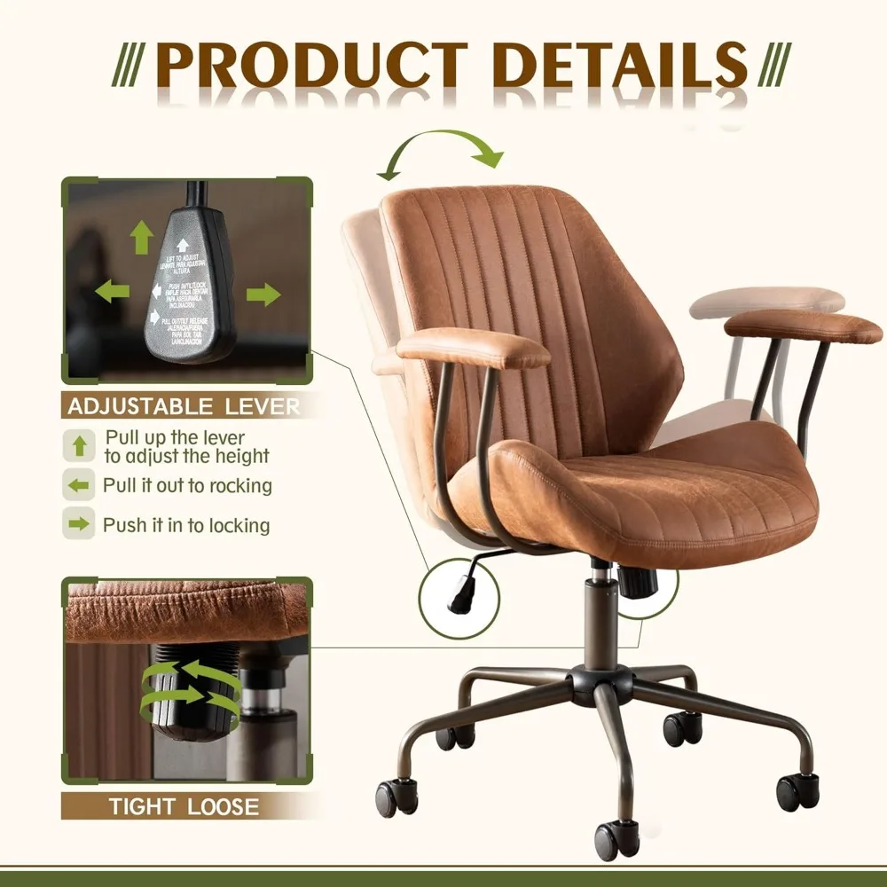 Cadeira de escritório alta, Giratória moderna, Tecido de camurça marrom, Cadeira de jogos, Altura ajustável, Home Desk Chair