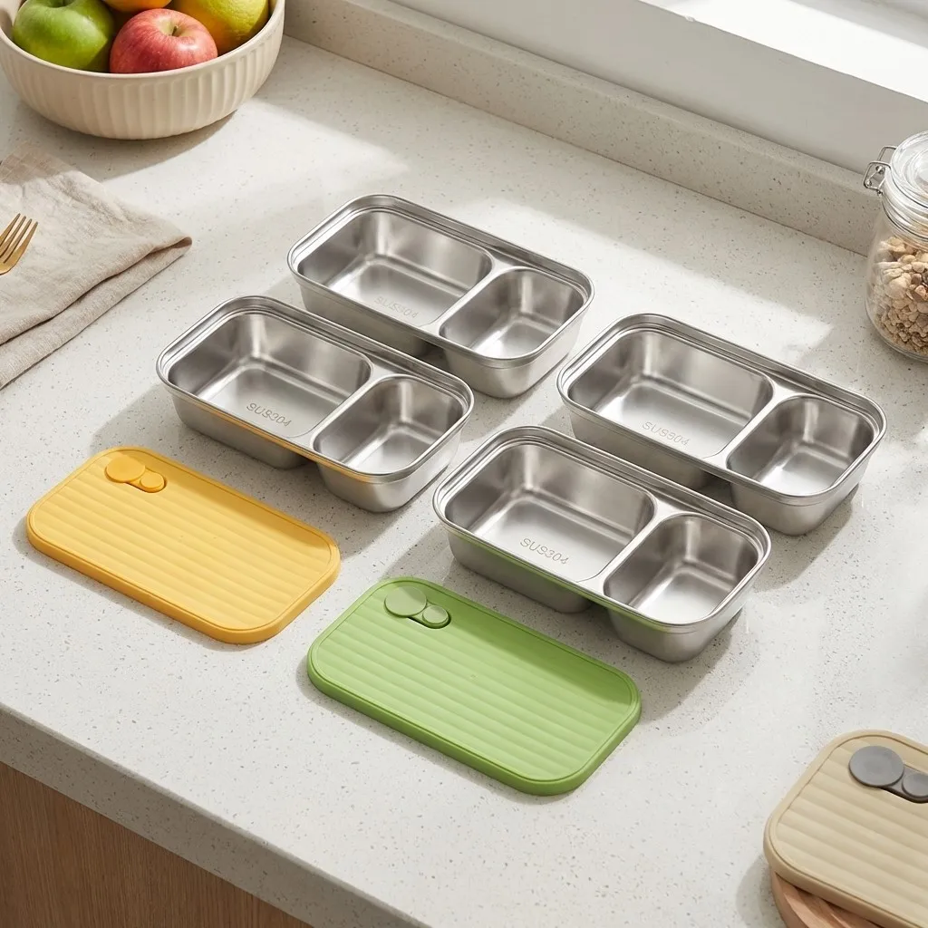 Portable Lunch Box Outdoor Picnic 1/2 Grids Large Capacity Fruit Salad Food Storage Container 304 Stainless Steel Bento Box