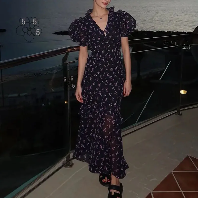 

2026 Spring New Women's Fashion and Elegant V-neck Mushroom Edge Printed Dress