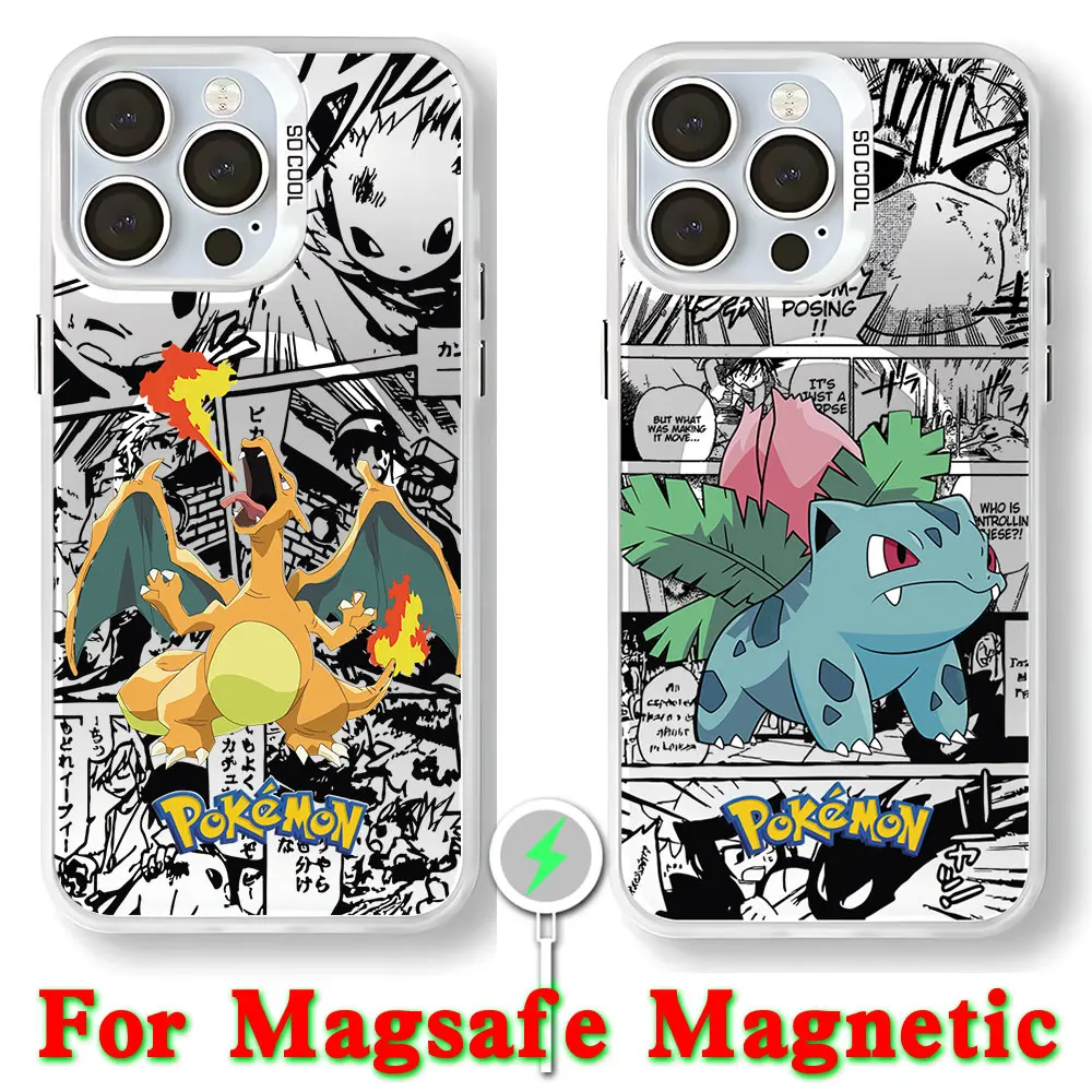 Anime Charizard Bulbasaur Pokemens Magsafe Magnetic Phone Case for IPhone 11 12 13 14 15 16 Pro Max Plus Silver Plated Cover