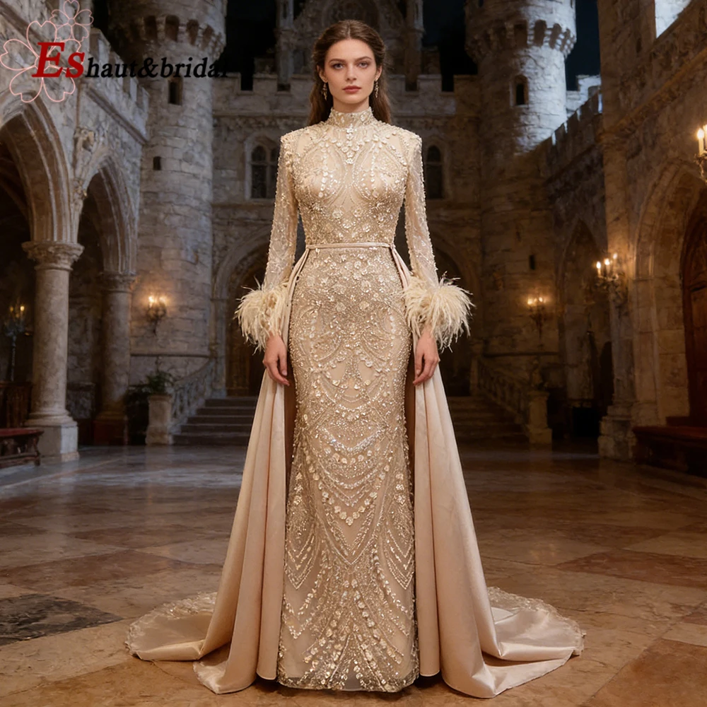 Elegant Lace Feather Muslim Evening Dress for Women Detachable Train 2026 Long Sleeves Formal Prom Wedding Party Gown Customized