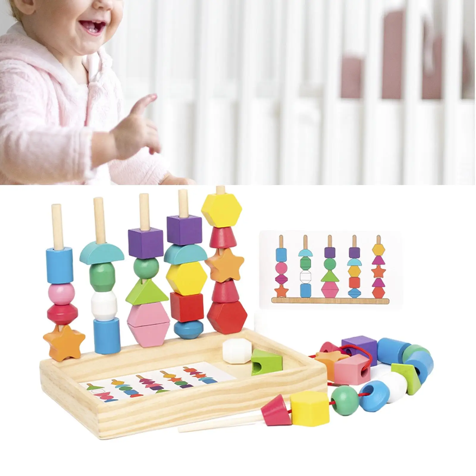 Wooden Beads Sequencing Toy Stem Preschool Learning Toys Lacing Beads and