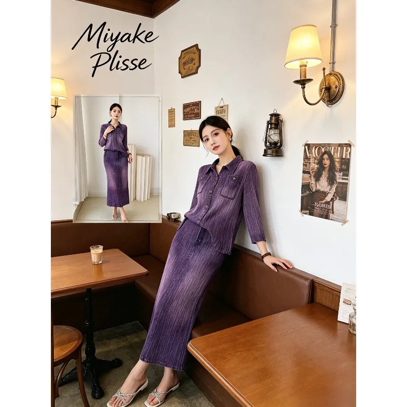 Miyake Pleated 2026 Autumn New Denim Style Fashion Pleated Gradient Print Comfortable Shirt and Skirt Casual Set for Women Pleat