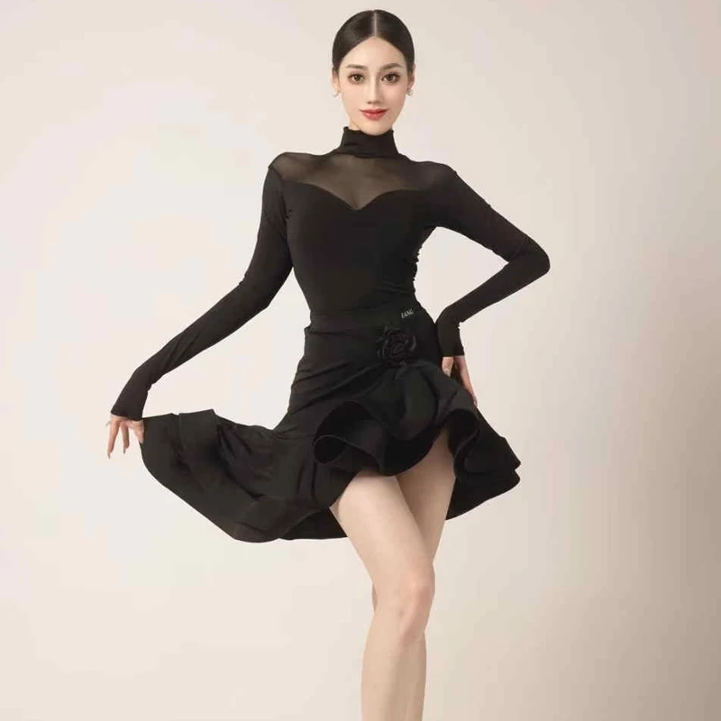 

Women Latin Dance Uniform Long Sleeve Mesh Perspective Backless Adult Competition Dress Suit Women Ballroom Dancewear Costumes