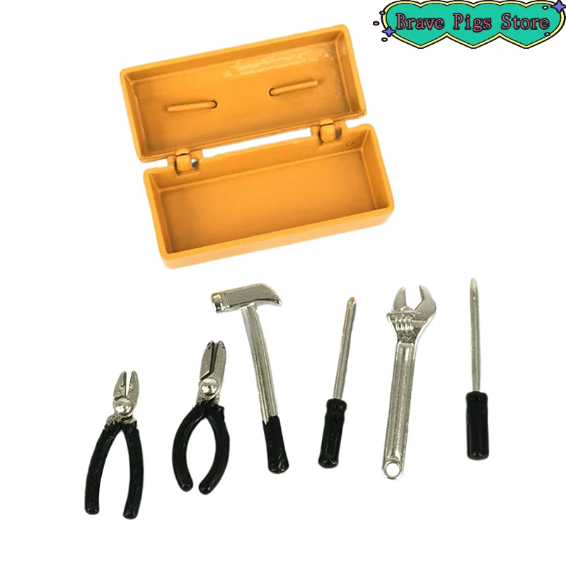 1 مجموعة صندوق أدوات مصغر + 6 أدوات يدوية نموذج اكسسوارات أثاث ديكور المنزل هدية