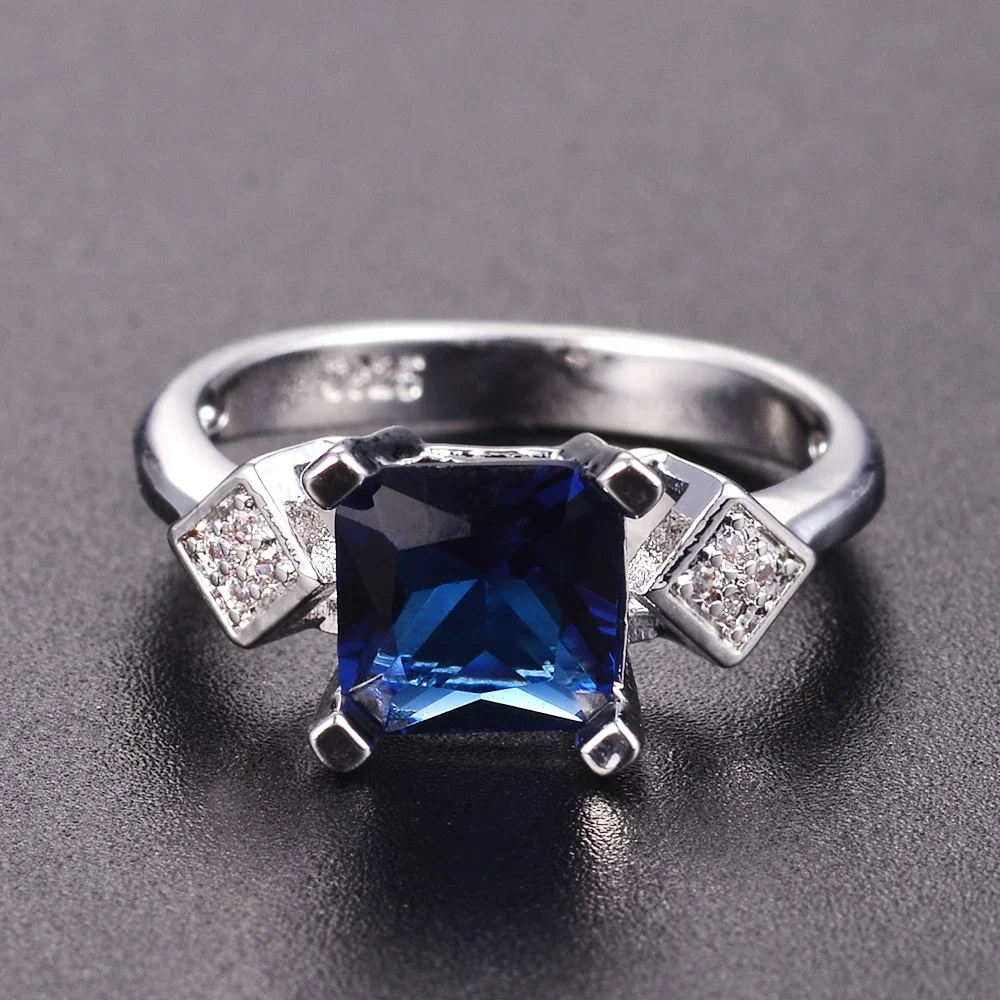 New Square Silver 925 Jewelry Rings Women's Finger Ring With Dark Blue Sapphire Gemstone Zircon Vintage Fine Jewelry Wholesale