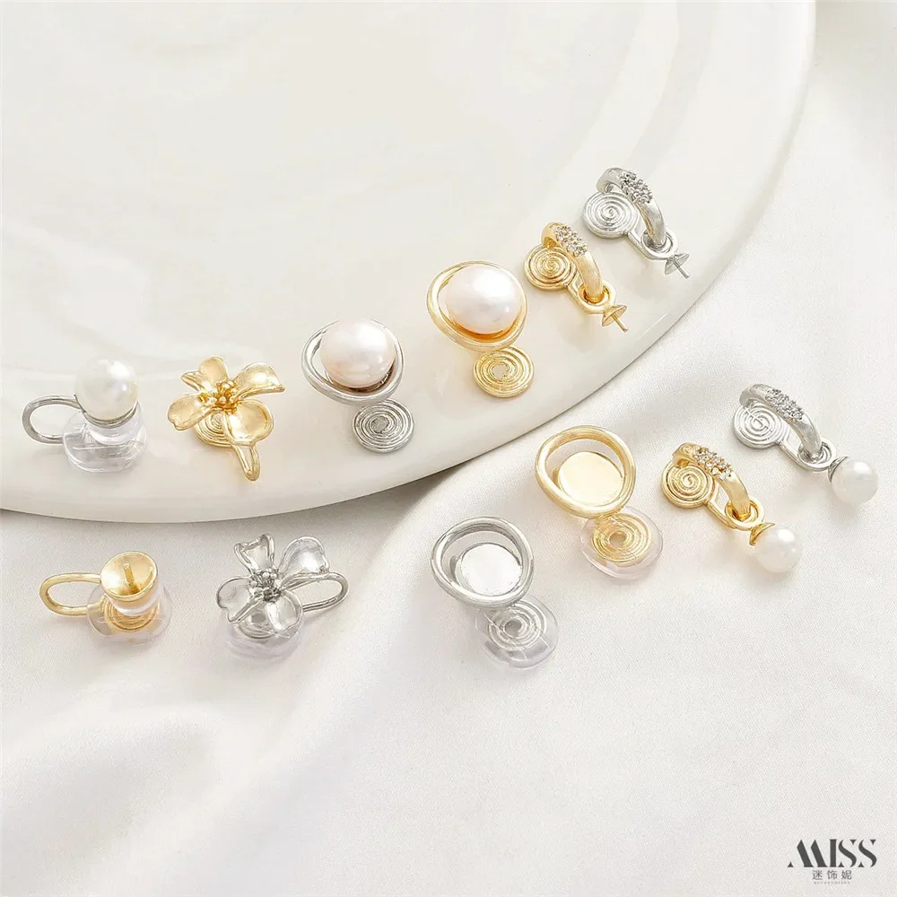 14K Gold-plated Mosquito Coil, Pearl Disc, Bead Holder with Hanging Four Petal Flower Ear Clip DIY Handmade Earring Accessories