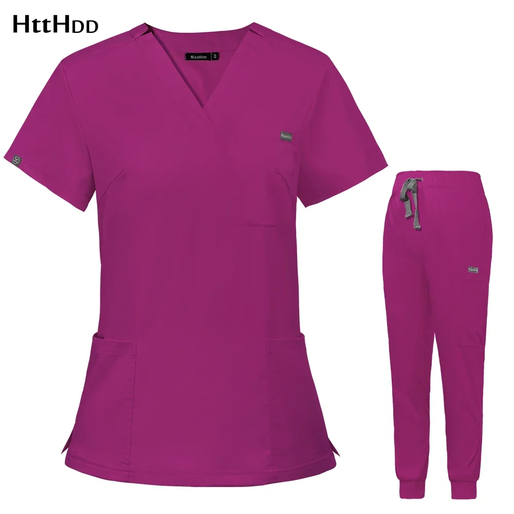 

Summer Women's Short Sleeve V-Neck Pocket Care Workers Surgical Gown Summer Workwear Sexy Solid Nurse Uniform Clinic Nurse Suit