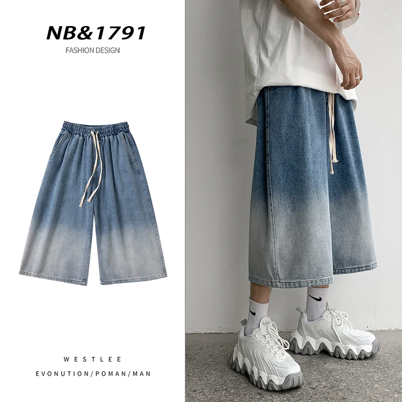 Summer Gradient Jeans Shorts Male Calf Length Trousers Denim Elastic Waist Short Jean Mens Oversized Black/Blue S-2XL