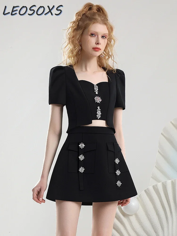 Designer Model Cool Hot Girl Commuting Dress Suit 2024 Summer New Rhinestone Slim Short-Sleeved Crop Top Black Mini Skirt Outfit