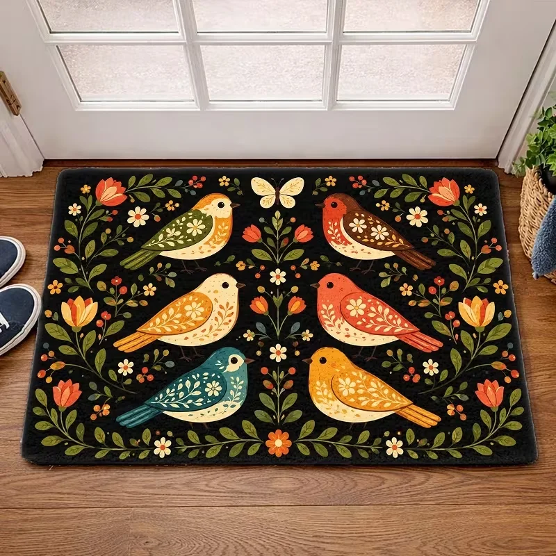 Vintage Folk Art Bird Floral Butterfly Door Mat Non Slip Entrance Doormat Botanical Flower Pattern Floor Rug for Front Door